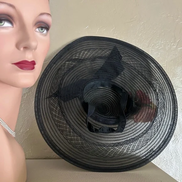 DREAMY 1940s' BLACK CRIN WIDE BRIM TILT HAT + YELLOW/PEACH FABRIC FLOWERS
